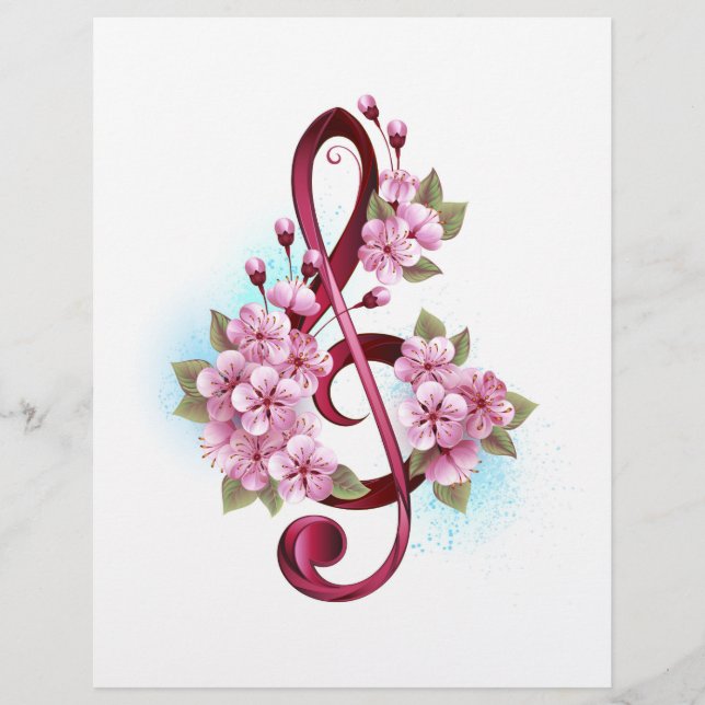 Musical treble clef notes with Sakura flowers Custom Letterhead (Front)