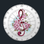 Musical treble clef notes with Sakura flowers Dartboard<br><div class="desc">Pink treble clef with delicate,  detailed pink Japanese cherry blossoms against white background painted over with light blue paint. Blooming pink sakura.</div>