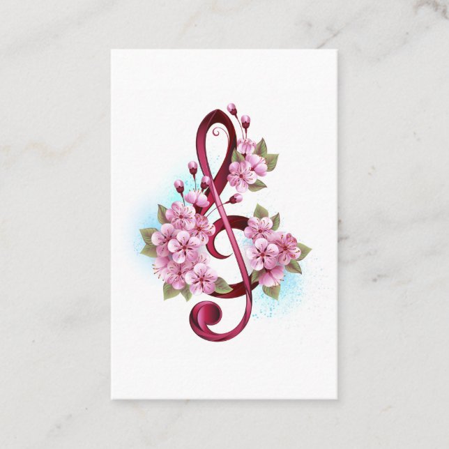 Musical treble clef notes with Sakura flowers Discount Card (Front)
