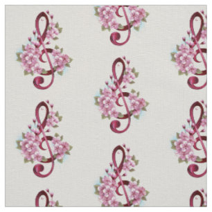 Musical treble clef notes with Sakura flowers Fabric