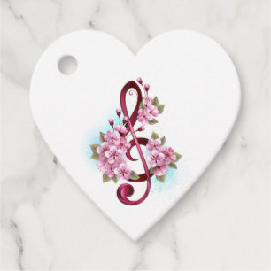 Musical treble clef notes with Sakura flowers Favour Tags
