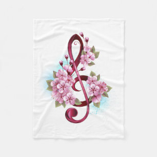 Musical treble clef notes with Sakura flowers Fleece Blanket