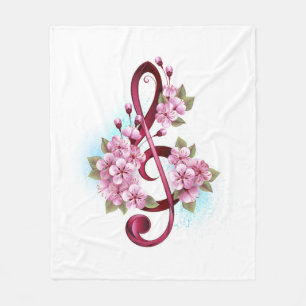 Musical treble clef notes with Sakura flowers Fleece Blanket