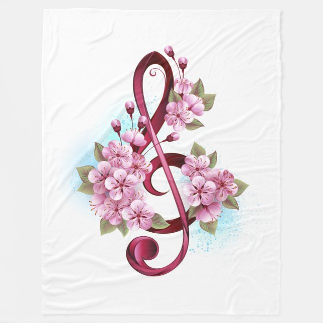 Musical treble clef notes with Sakura flowers Fleece Blanket (Front)