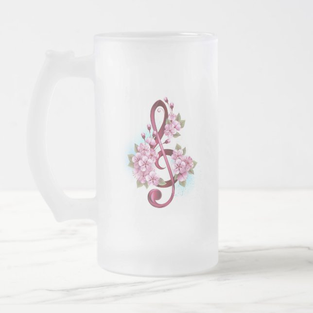 Musical treble clef notes with Sakura flowers Frosted Glass Beer Mug (Left)
