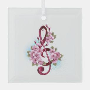 Musical treble clef notes with Sakura flowers Glass Tree Decoration