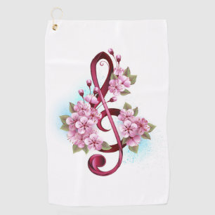 Musical treble clef notes with Sakura flowers Golf Towel