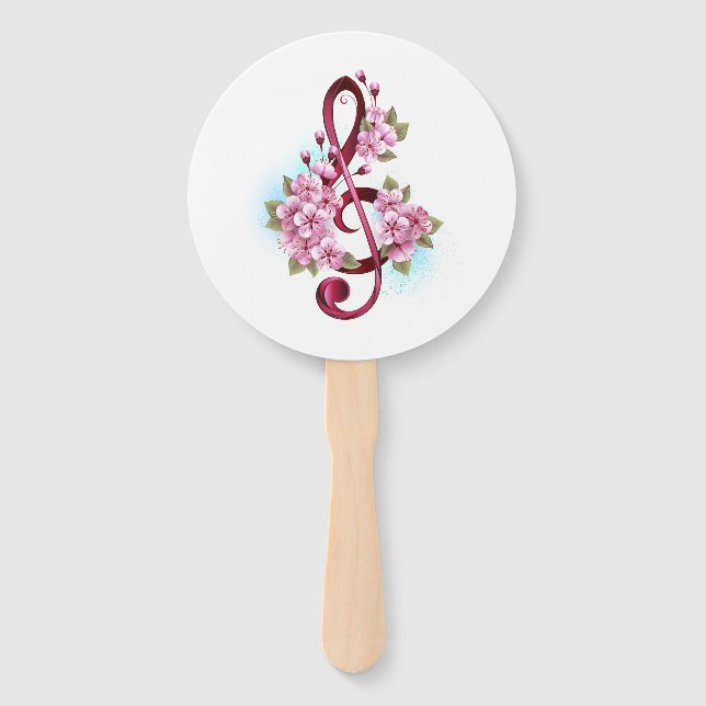 Musical treble clef notes with Sakura flowers Hand Fan (Front)