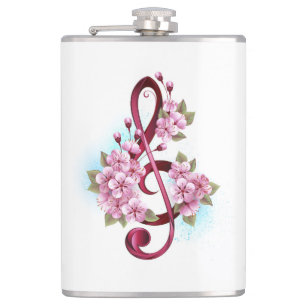 Musical treble clef notes with Sakura flowers Hip Flask