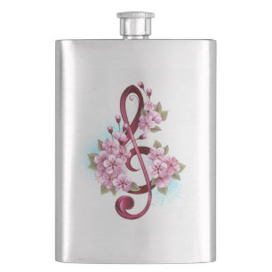 Musical treble clef notes with Sakura flowers Hip Flask