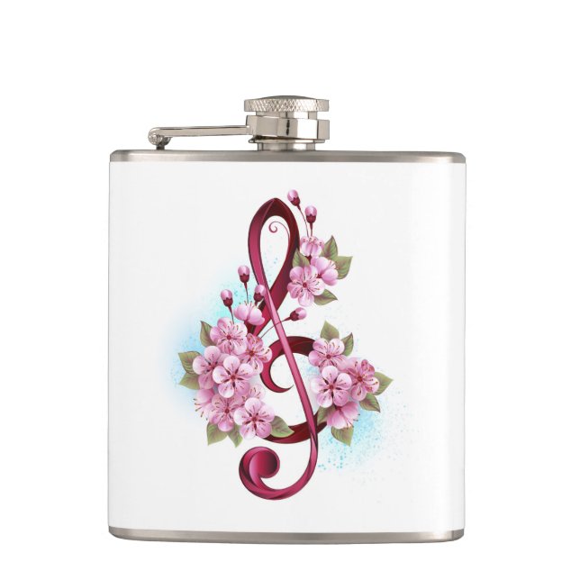 Musical treble clef notes with Sakura flowers Hip Flask (Front)