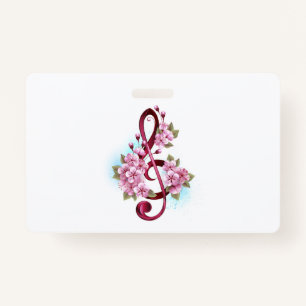 Musical treble clef notes with Sakura flowers ID Badge