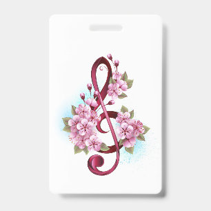 Musical treble clef notes with Sakura flowers ID Badge