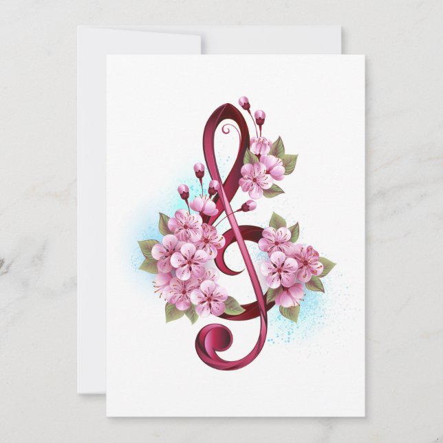 Musical treble clef notes with Sakura flowers Invitation (Front)