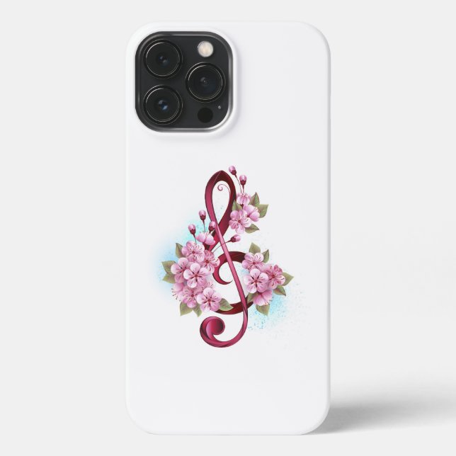 Musical treble clef notes with Sakura flowers iPhone Case (Back)