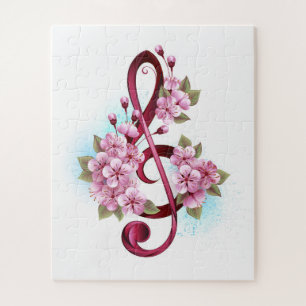 Musical treble clef notes with Sakura flowers Jigsaw Puzzle