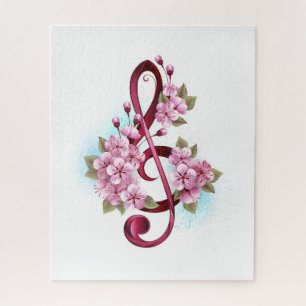 Musical treble clef notes with Sakura flowers Jigsaw Puzzle