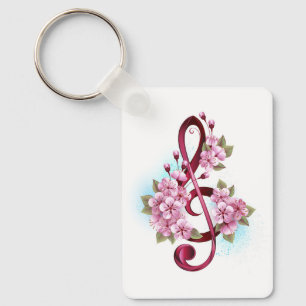 Musical treble clef notes with Sakura flowers Key Ring