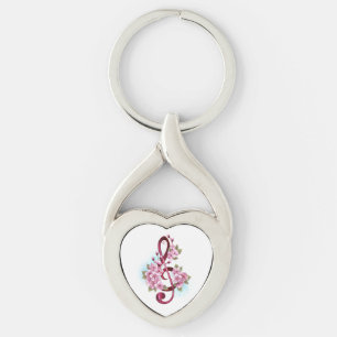 Musical treble clef notes with Sakura flowers Key Ring