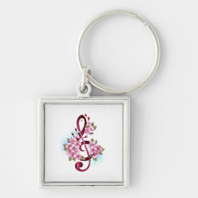 Musical treble clef notes with Sakura flowers Key Ring (Front)
