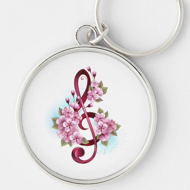 Musical treble clef notes with Sakura flowers Key Ring (Front)