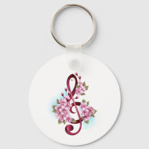 Musical treble clef notes with Sakura flowers Key Ring