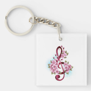 Musical treble clef notes with Sakura flowers Key Ring