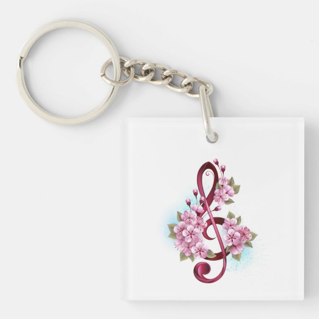 Musical treble clef notes with Sakura flowers Key Ring (Front)