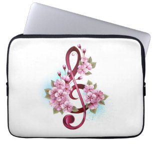 Musical treble clef notes with Sakura flowers Laptop Sleeve