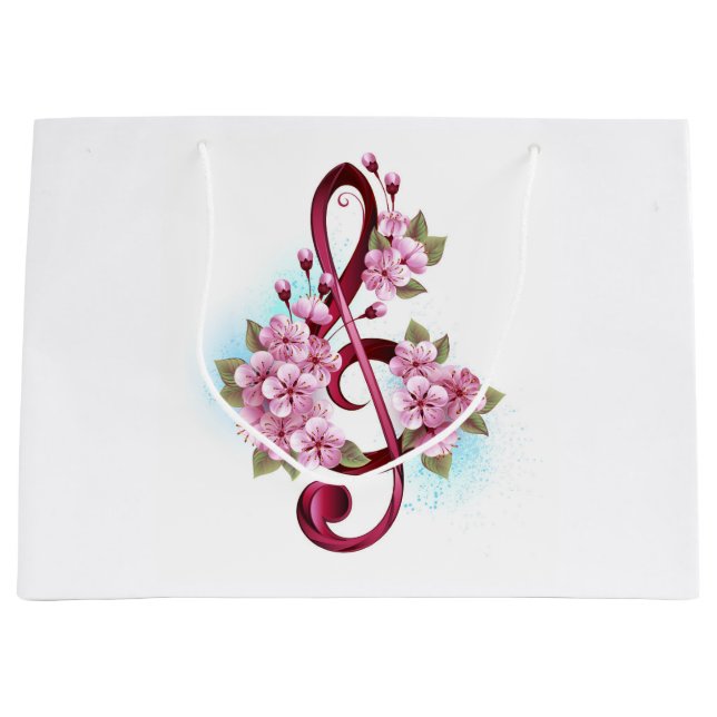 Musical treble clef notes with Sakura flowers Large Gift Bag (Front)