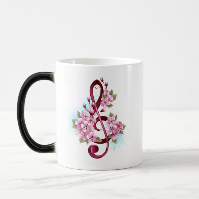 Musical treble clef notes with Sakura flowers Magic Mug (Left)