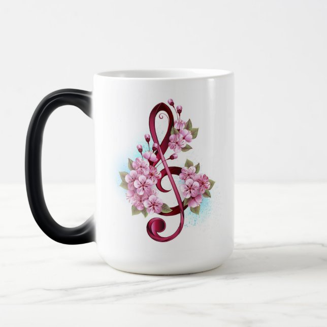 Musical treble clef notes with Sakura flowers Magic Mug (Left)