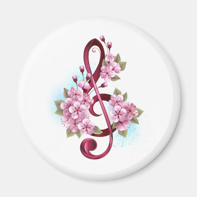 Musical treble clef notes with Sakura flowers Magnet (Front)