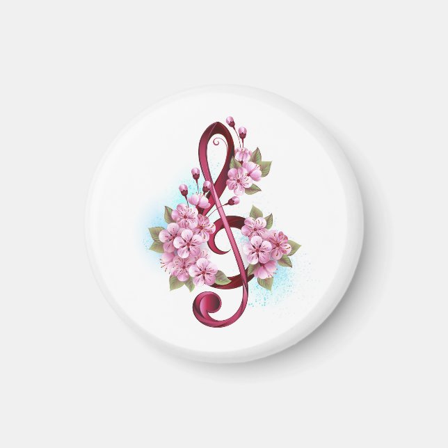 Musical treble clef notes with Sakura flowers Magnet (Front)