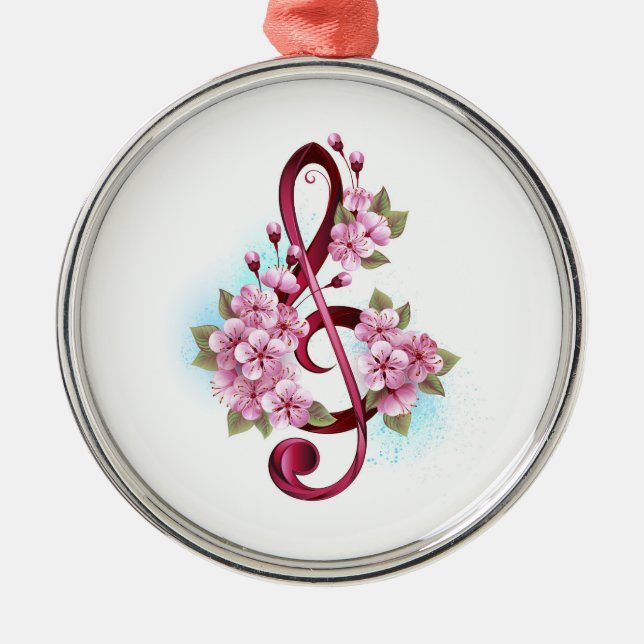 Musical treble clef notes with Sakura flowers Metal Tree Decoration (Front)