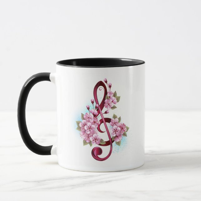 Musical treble clef notes with Sakura flowers Mug (Left)