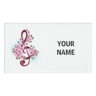 Musical treble clef notes with Sakura flowers Name Tag