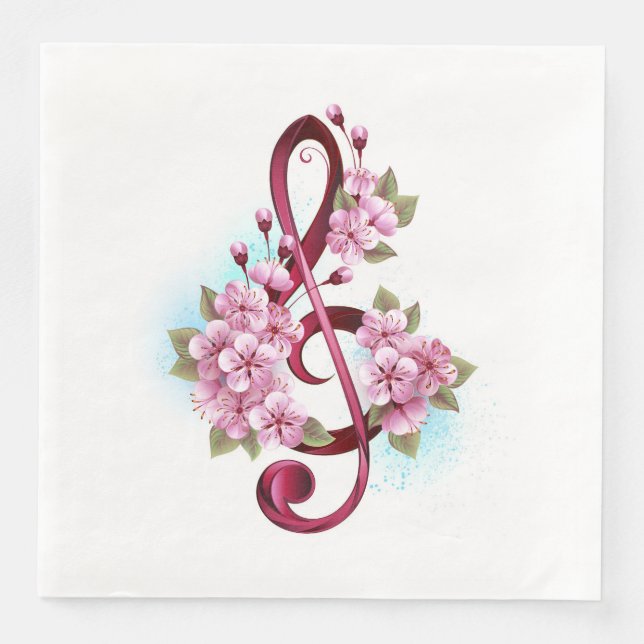 Musical treble clef notes with Sakura flowers Napkin (Front)