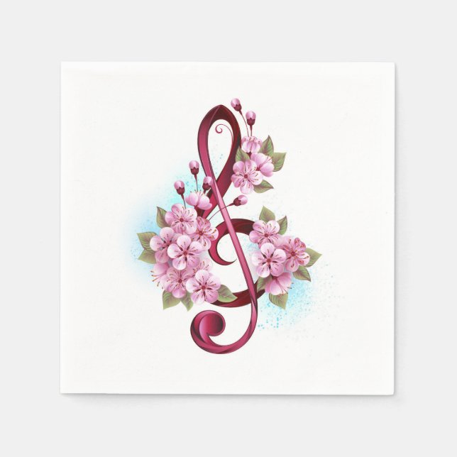 Musical treble clef notes with Sakura flowers Napkin (Front)