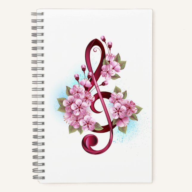 Musical treble clef notes with Sakura flowers Notebook (Front)