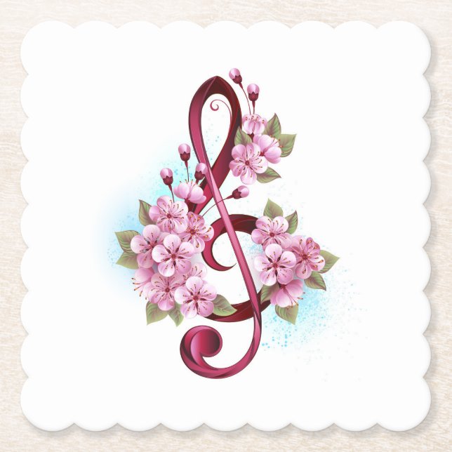 Musical treble clef notes with Sakura flowers Paper Coaster (Front)