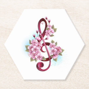 Musical treble clef notes with Sakura flowers Paper Coaster