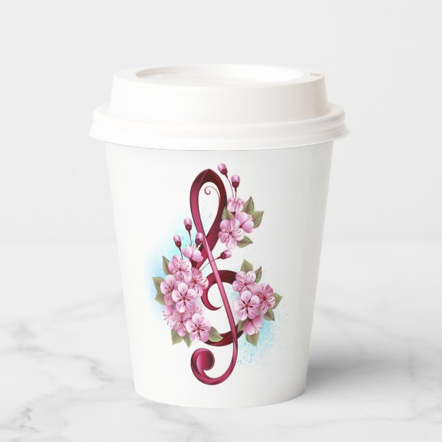 Musical treble clef notes with Sakura flowers Paper Cups (Front)