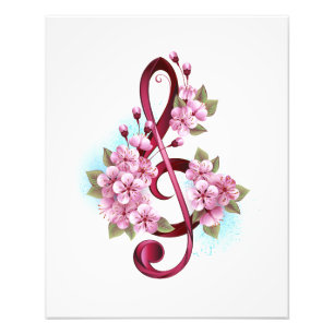 Musical treble clef notes with Sakura flowers Photo Print