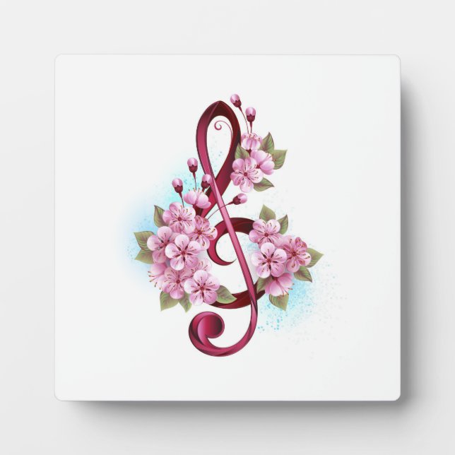 Musical treble clef notes with Sakura flowers Plaque (Front)