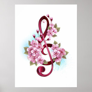 Musical treble clef notes with Sakura flowers Poster