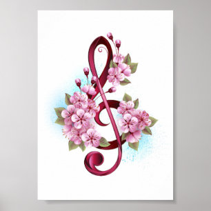 Musical treble clef notes with Sakura flowers Poster