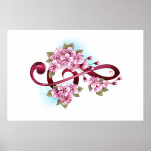 Musical treble clef notes with Sakura flowers Poster
