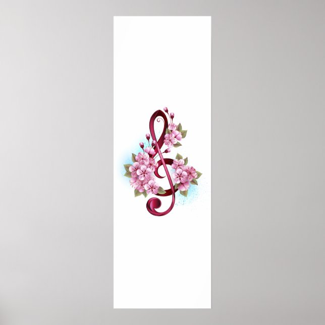 Musical treble clef notes with Sakura flowers Poster (Front)