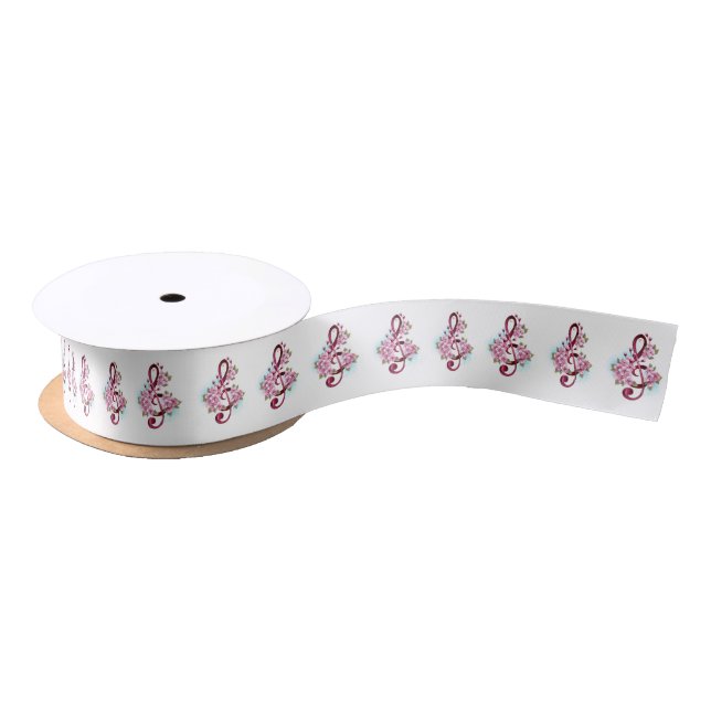 Musical treble clef notes with Sakura flowers Satin Ribbon (Spool)